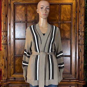 Laurie Felt Taupe Black White Stripe Belted Cotton Blend Cardigan